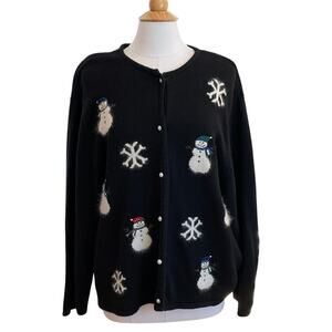 Crystal Kobe Ramie Blend Black Cardigan Sweater, Snowflake, Snowman Print, XL